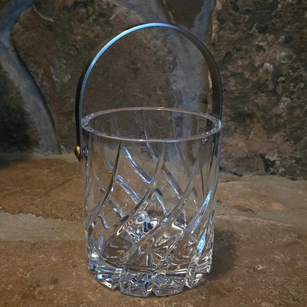 Mikasa English Crystal Ice Bucket Swirl Cut Heavy Glass Silver Handle Barware